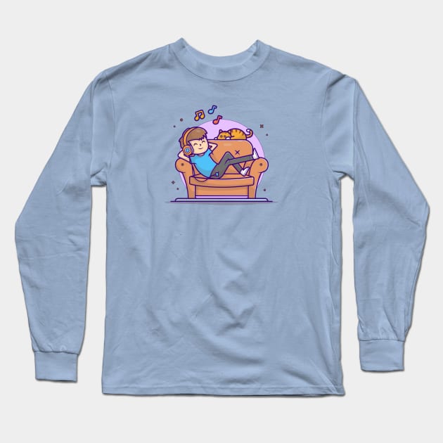 Happy Boy Listening Music On Sofa with Cute Cat, Tune, and Notes of Music Cartoon Vector Icon Illustration Long Sleeve T-Shirt by Catalyst Labs